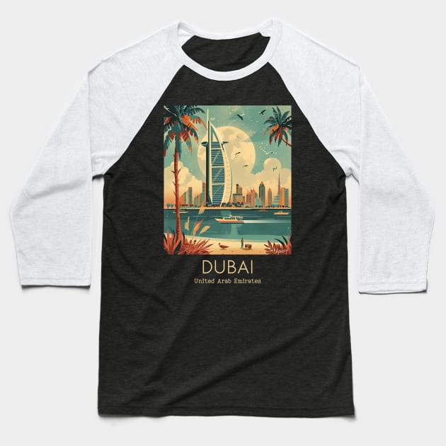 A Vintage Travel Illustration of Dubai - United Arab Emirates Baseball T-Shirt by goodoldvintage